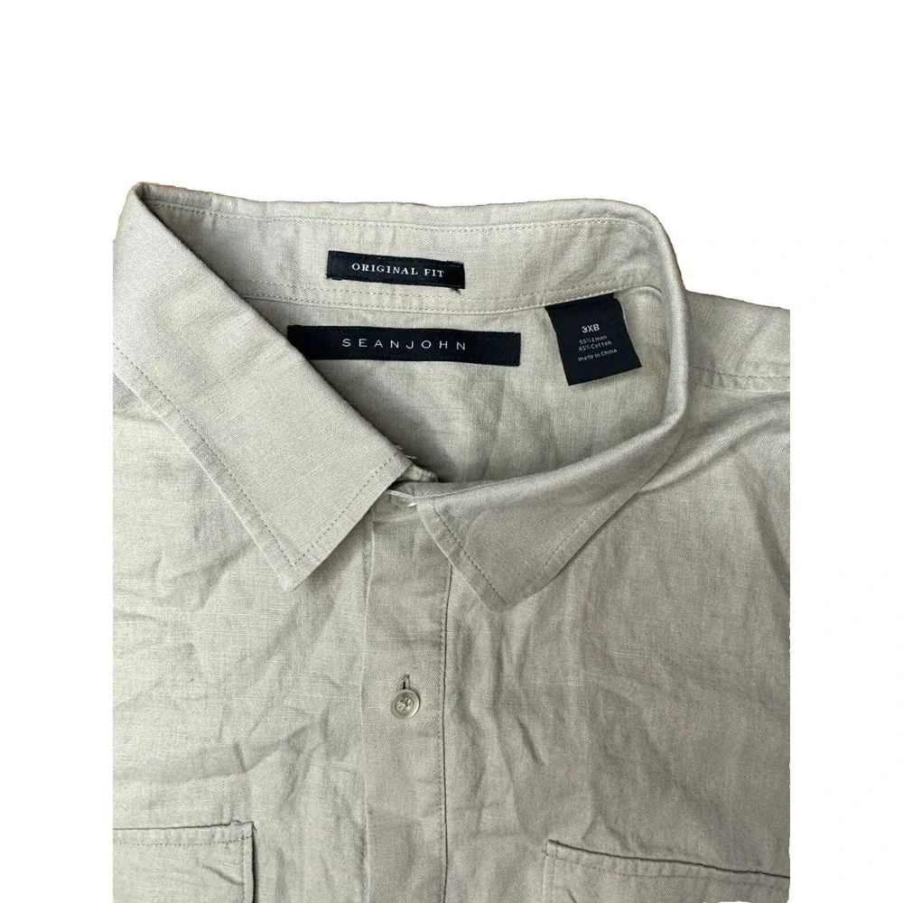Sean John Shirt Men Size 3XB Khaki Collared‎ Short Sleeve Pockets Button-Up